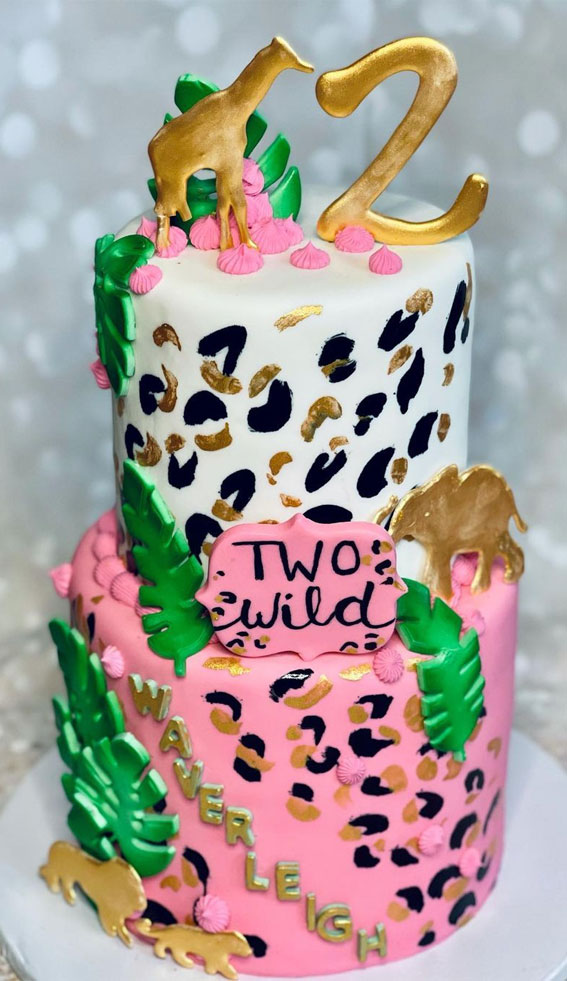 31 Two Wild Birthday Cake Ideas : Two-Tier Leopard Print Cake