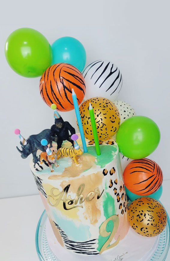 31 Two Wild Birthday Cake Ideas : Wild Cake with Animal Print Balloons
