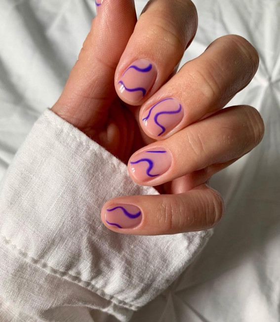 52 Cute Summer Nail Ideas : Blue Swirl Short Nails