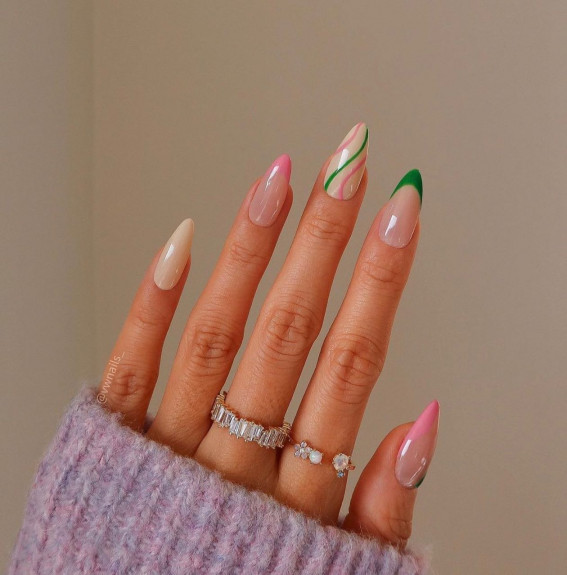 52 Cute Summer Nail Ideas : Ever Green and Pink Swirl Nails