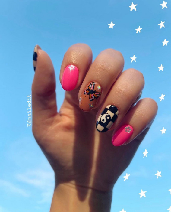 52 Cute Summer Nail Ideas : Butterfly and Check Nails