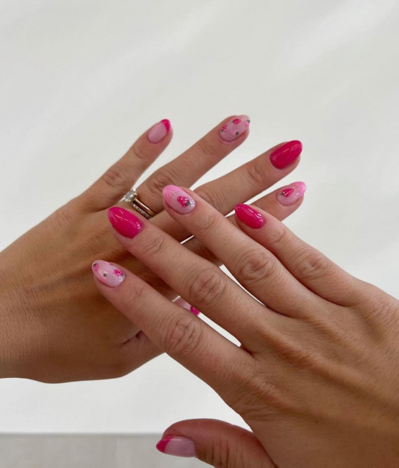 52 Cute Summer Nail Ideas : Pink Strawberry Nails