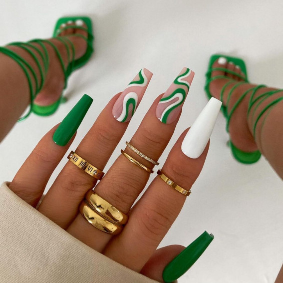 52 Cute Summer Nail Ideas : Green and White Swirl Coffin Nails