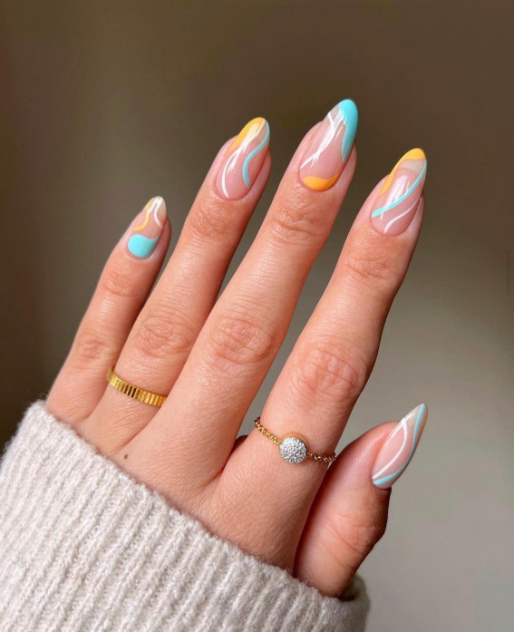 52 Cute Summer Nail Ideas : Blue and Yellow Swirl Almond Nails
