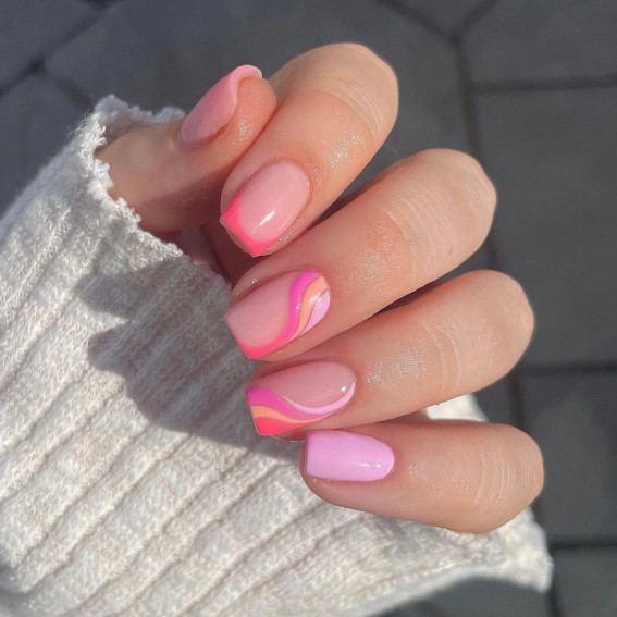 52 Cute Summer Nail Ideas : Lilac and Pink Swirl Square Nails