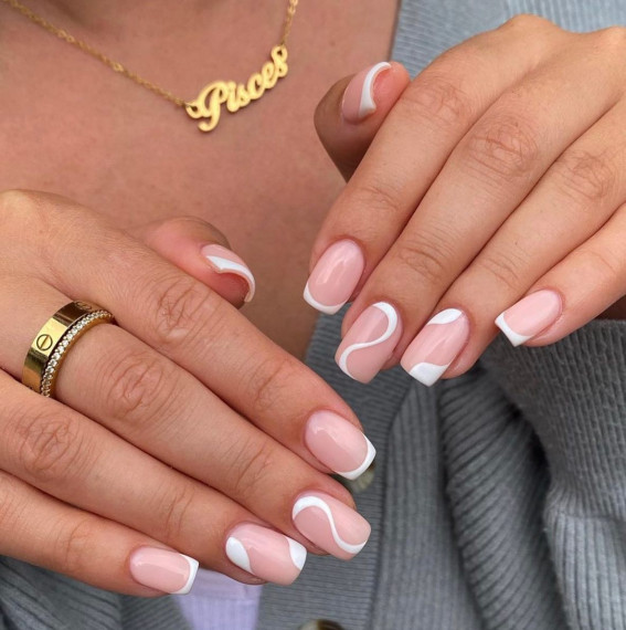 52 Cute Summer Nail Ideas : Swirl White Square Nails