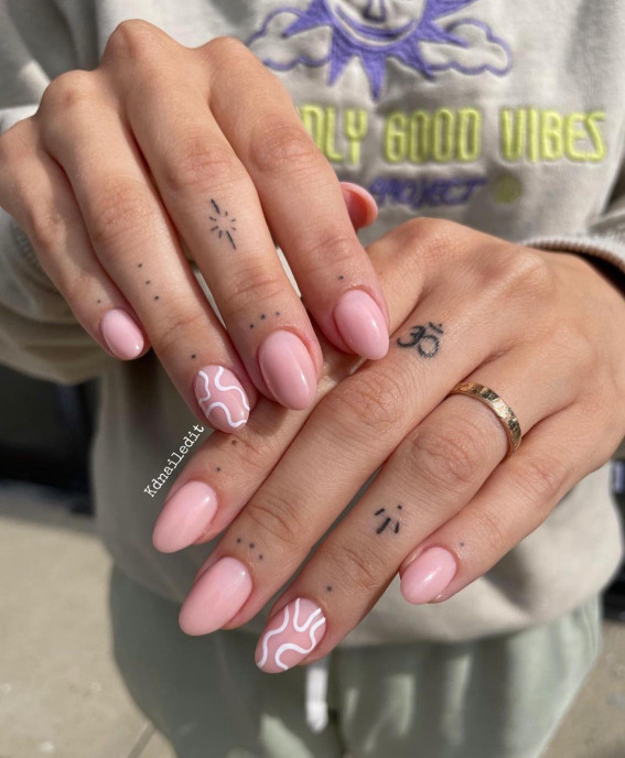 52 Cute Summer Nail Ideas : White Swirl Pink Nails