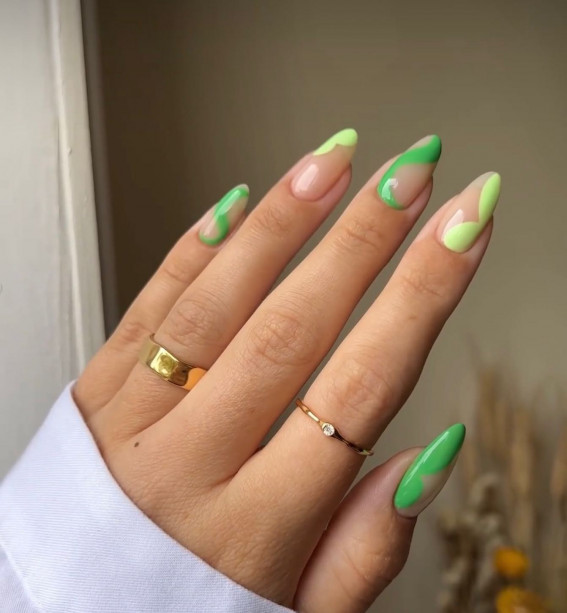 52 Cute Summer Nail Ideas : Green Abstract Almond Nails