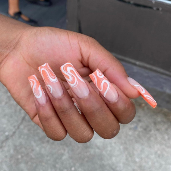52 Cute Summer Nail Ideas : White Swirl Ombre Orange Tip Nails