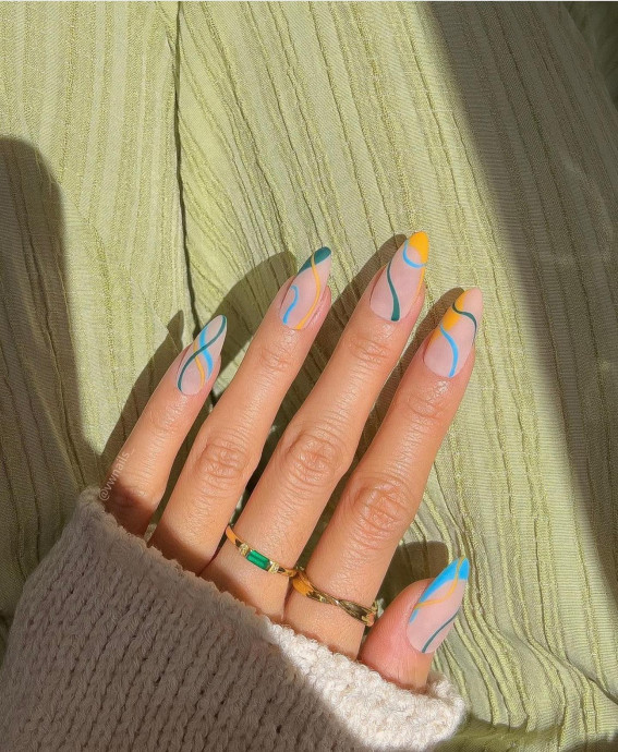 52 Cute Summer Nail Ideas : Blue, Green and Yellow Swirl Nails