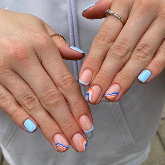 52 Cute Summer Nail Ideas : Blue, Orange Swirl Nails