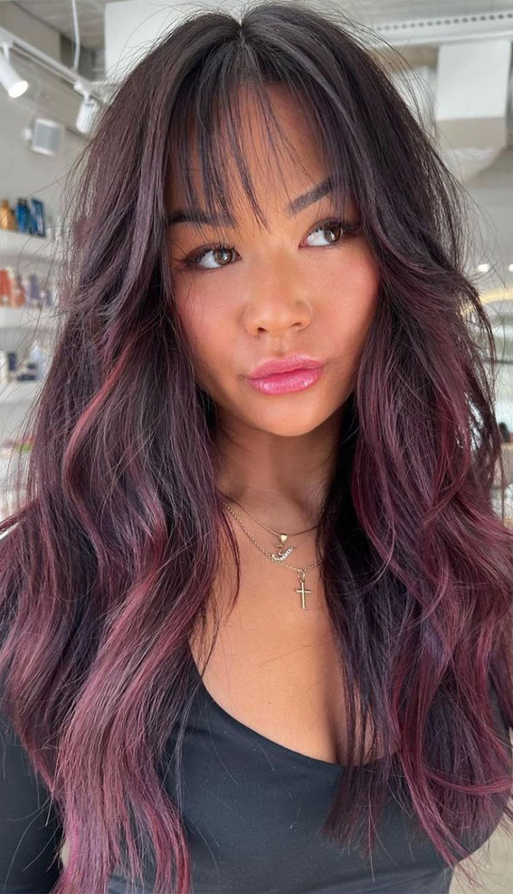50 Hair Colours Ideas That Are Trending Now : Plum + Bangs + Layers