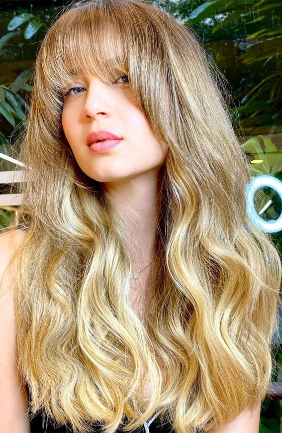 50 Different Haircuts for Women : Blonde Wavy Long Hair + Fringe