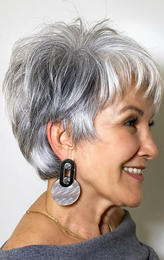 50 Different Haircuts for Women : Silver Colour Pixie Haircut + Fringe