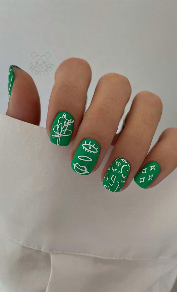 50 Pretty Summer Nails in 2022 For Every Taste : Abstract Green Nails