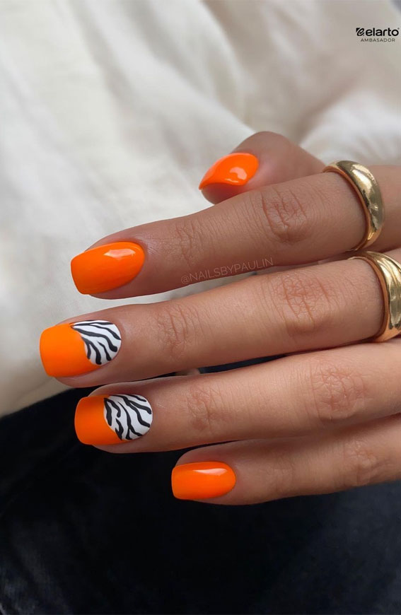 50 Pretty Summer Nails in 2022 For Every Taste : Zebra and Orange Nails