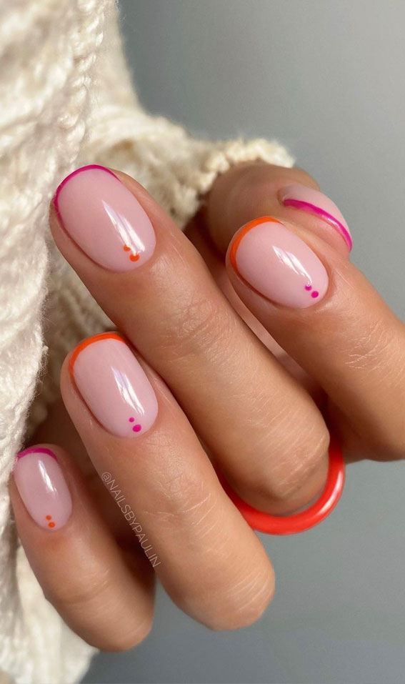 50 Pretty Summer Nails in 2022 For Every Taste : Pink and Orange Thin French Tips