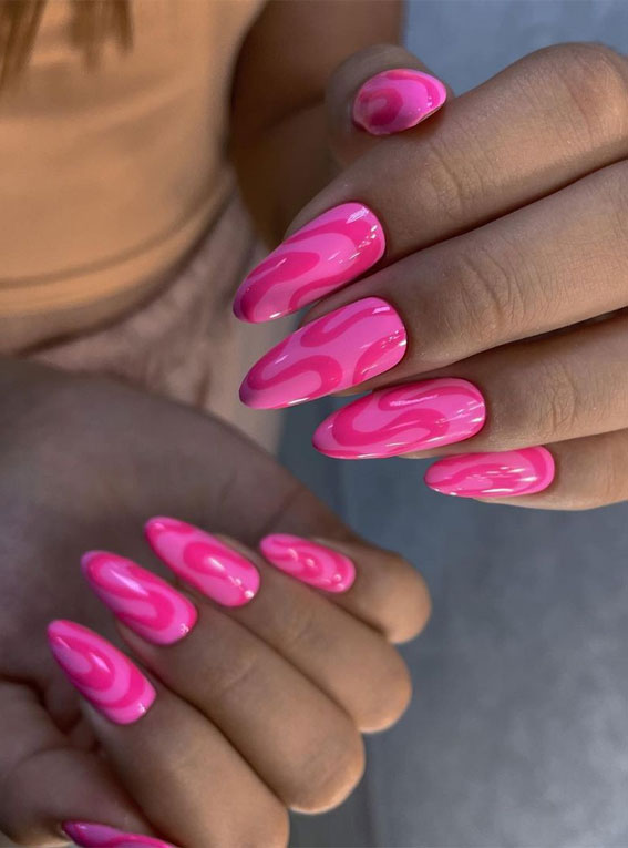 Hot pink almond shaped nails with silver glitter feature nail  midcoastbeauty sammyas   Valentines nails Pink nail colors Pink ombre  nails