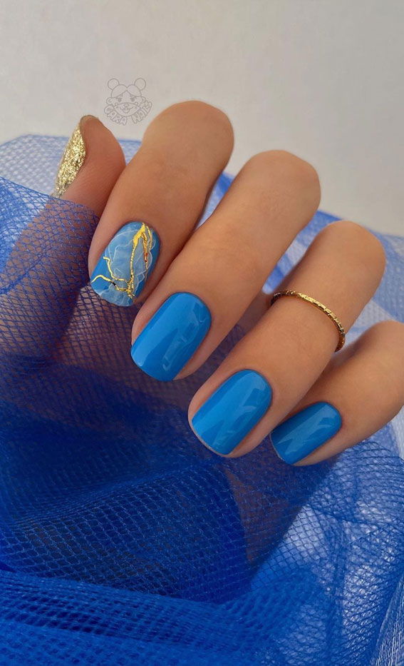 50 Pretty Summer Nails in 2022 For Every Taste : Blue Marble & Blue Polish Nails