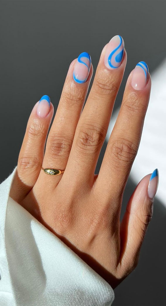 50 Pretty Summer Nails in 2022 For Every Taste : Blue Swirl Oval Nails