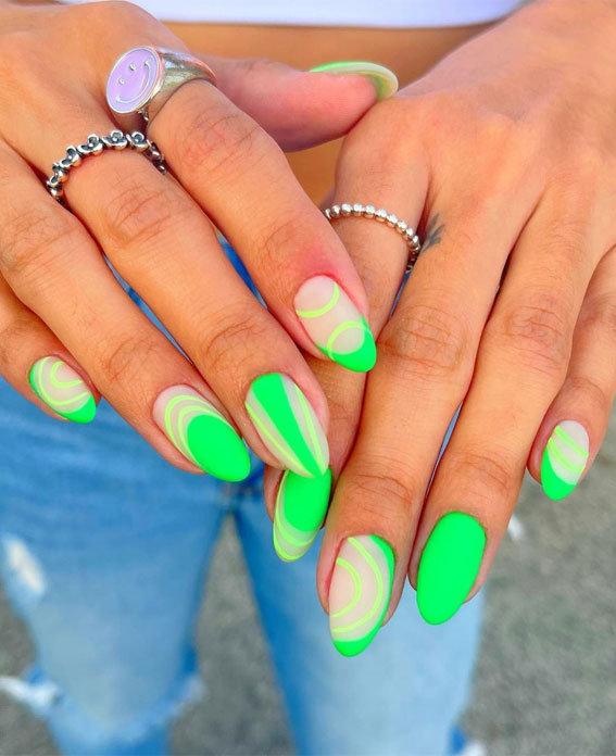 50 Pretty Summer Nails in 2022 For Every Taste : Abstract Bright Green Nails
