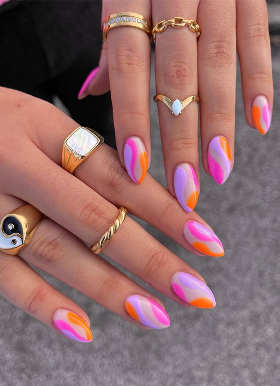 50 Pretty Summer Nails in 2022 For Every Taste : Swirl Orange and Pink Almond Nails