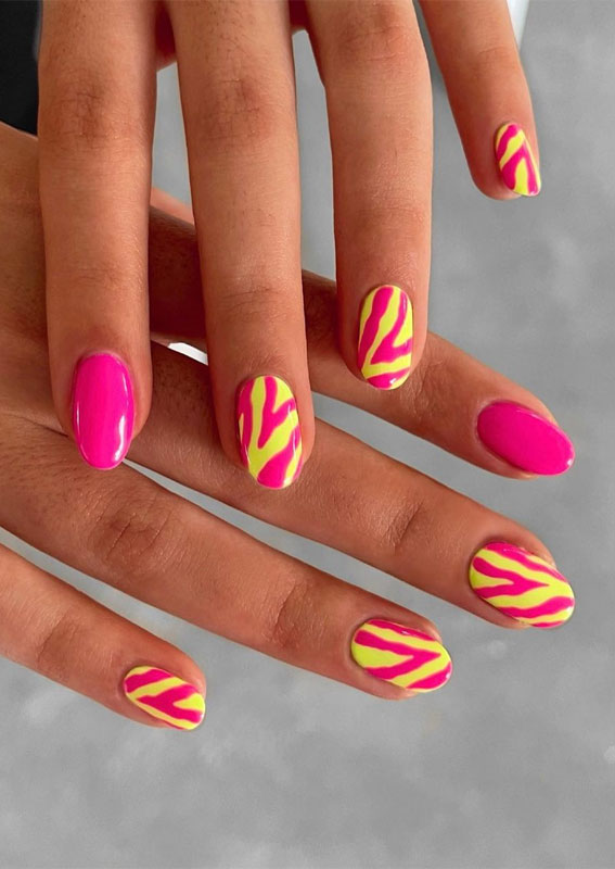 50 Pretty Summer Nails in 2022 For Every Taste : Yellow and Pink Zebra Nails