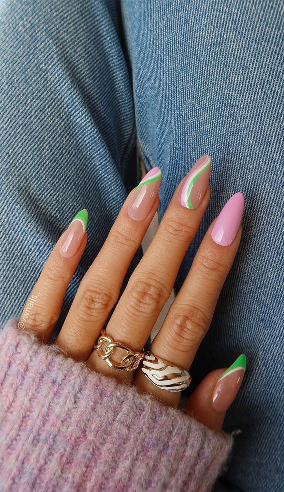 50 Pretty Summer Nails in 2022 For Every Taste : Baby Pink and Green Swirl Almond Nails
