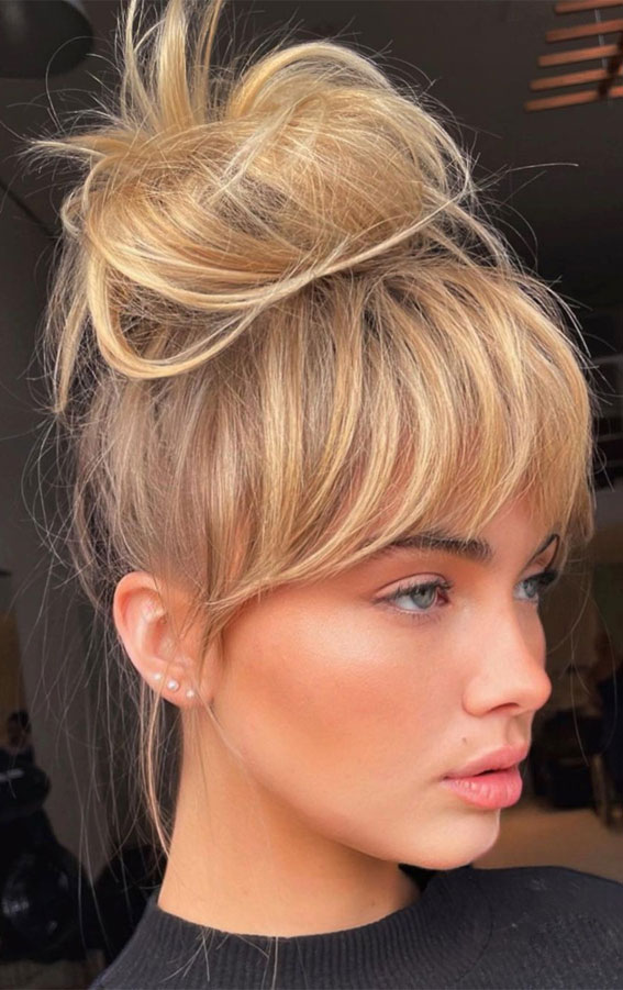 Amazon.com : UAmy hair Messy Hair Bun Hairpiece with Bangs for Women Loose  Wave Large Curly Hair Bun with 2pcs Long Curly Side Bangs Synthetic Updo  Hair Ponytail Extension with Wavy Curly