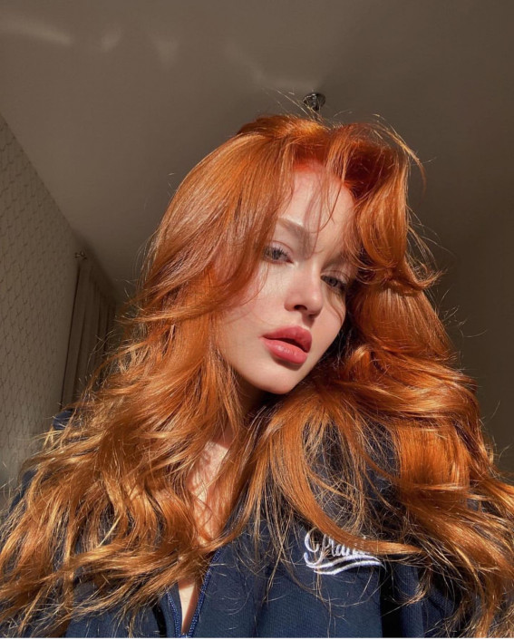 32 Best Orange Hair Color Shades : Orange Ginger Long Hair with Curtain  Bangs