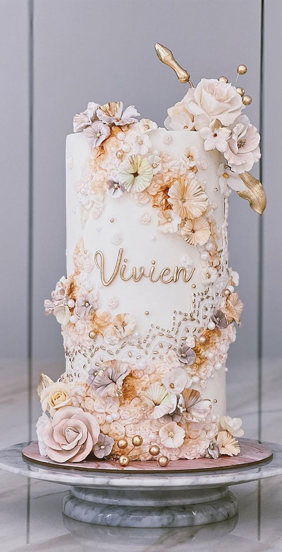 70 Cake Ideas for Birthday & Any Celebration : Flower Embellishment Neutral Cake