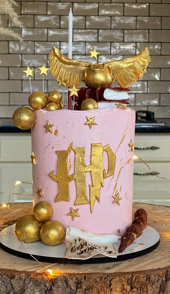 70 Cake Ideas for Birthday & Any Celebration : Pink Harry Potter Cake with Gold Accents