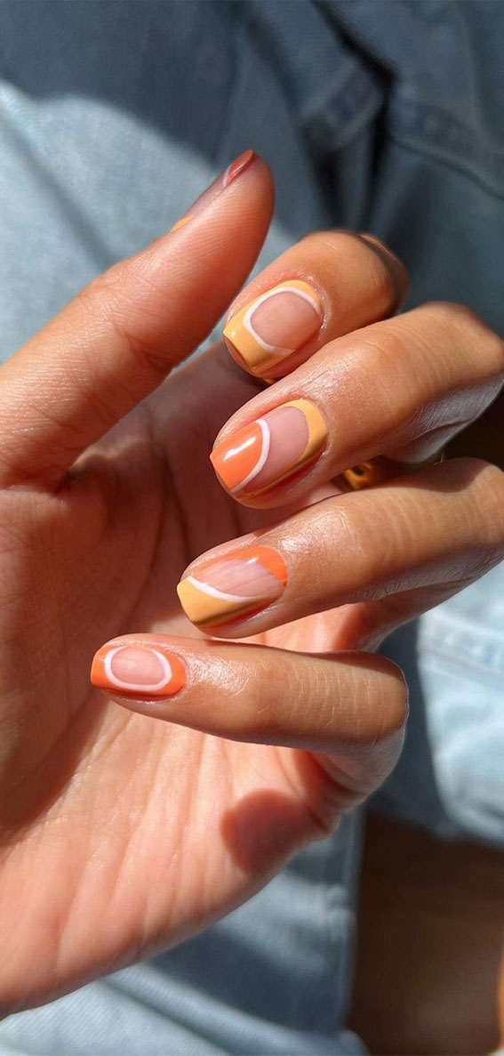 50 Trending Autumn Nail Colours & Designs : Orange and Yellow Abstract Nails