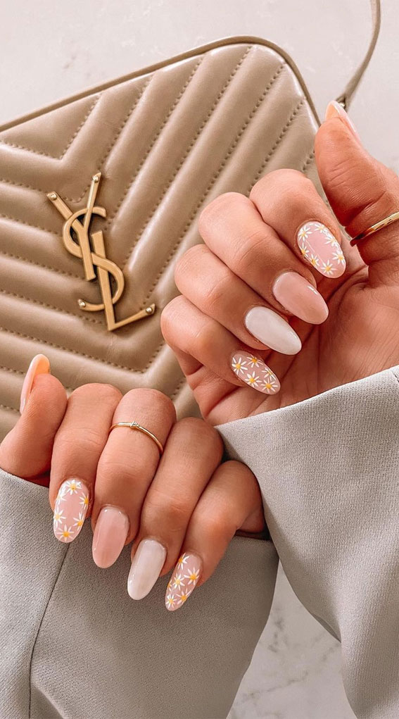 50 Trending Autumn Nail Colours & Designs : Soft Neutral Nails with Flowers