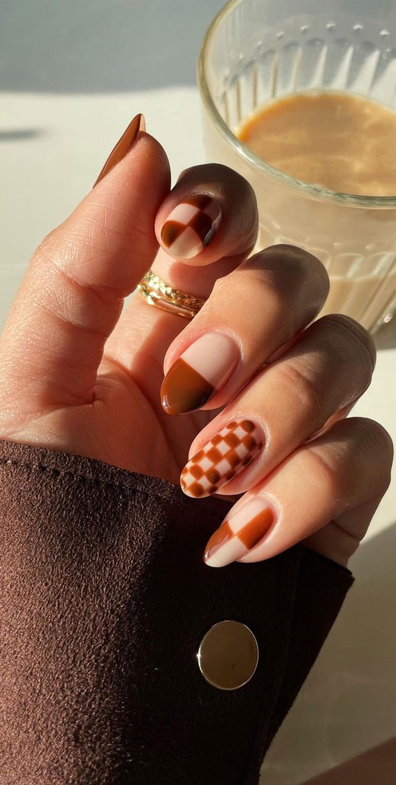 50 Trending Autumn Nail Colours & Designs : Brown Checker Board Nails