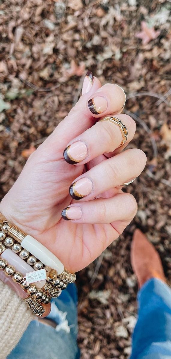 50 Trending Autumn Nail Colours & Designs : Gold and Brown French Tip Nails