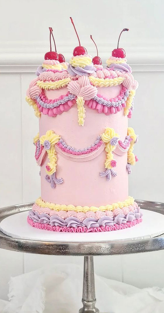 50 Vintage Inspired Lambeth Cakes That’re So Trendy : Lavender, Pink and Yellow Buttercream Cake