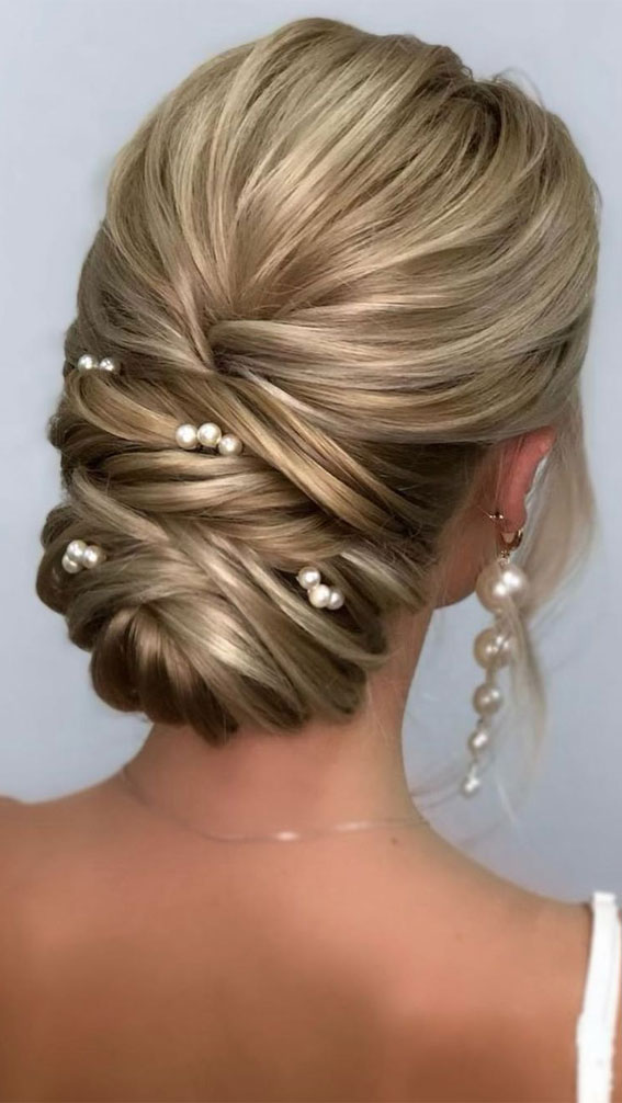 59 Gorgeous Wedding Hairstyles in 2022 : Subtle Braid Low Bun with Pearls