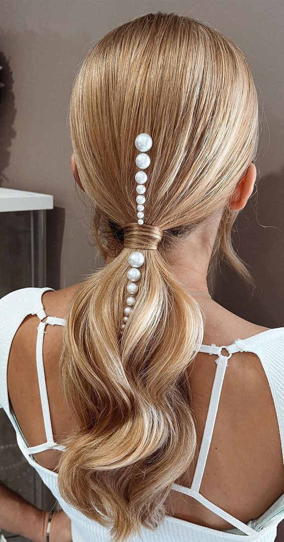 59 Gorgeous Wedding Hairstyles in 2022 : Voluminous Low Ponytail with Pearl