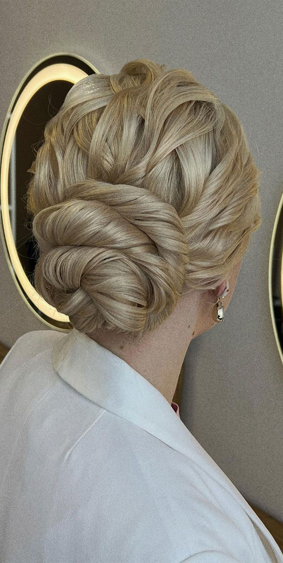 59 Gorgeous Wedding Hairstyles in 2022 : Twisted Low Bun Blonde Hair