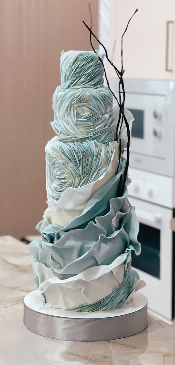 50 Beautiful Wedding Cakes in 2022 :  Blue Ruffle Cake