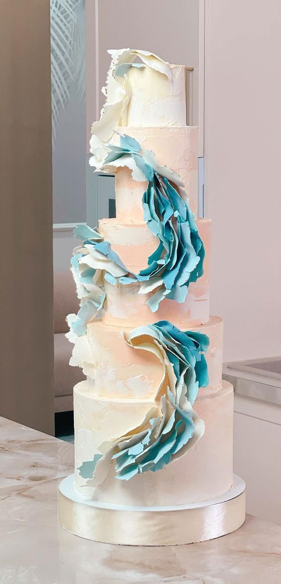 50 Beautiful Wedding Cakes in 2022 : Ombre Peach Cake + Teal Ruffles