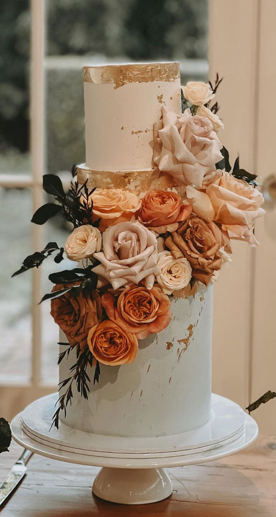 50 Beautiful Wedding Cakes in 2022 : Rustic Cake with Autumn Coloured Blooms