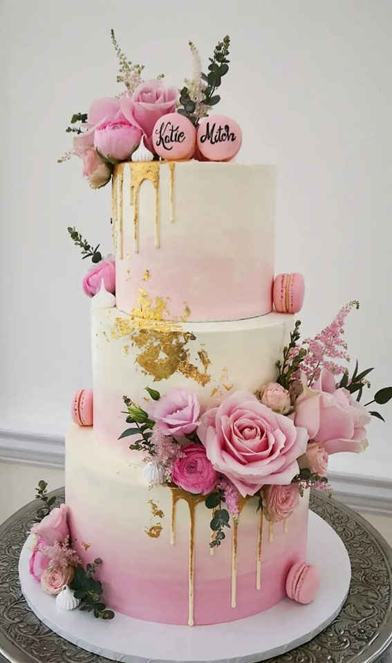 50 Beautiful Wedding Cakes in 2022 : Ombre Pink Cake Topped with Macarons