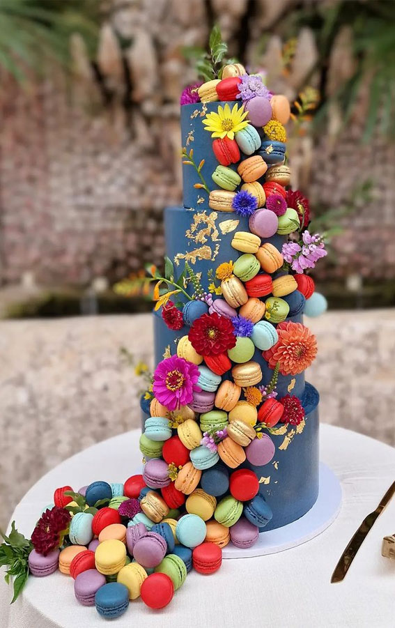 50 Beautiful Wedding Cakes in 2022 : Cascading Vibrant Macarons Blue Cake