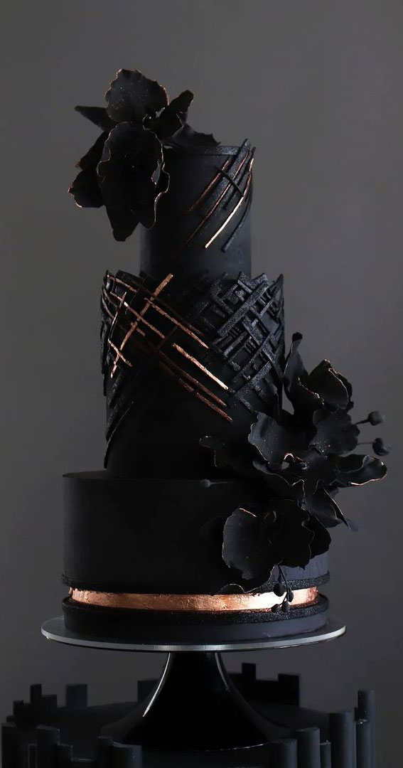 50 Beautiful Wedding Cakes in 2022 : Black and Gold Cake with Black Sugar Flower