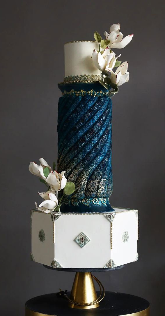 50 Beautiful Wedding Cakes in 2022 : Octagon White and Navy Intricate Persian Art