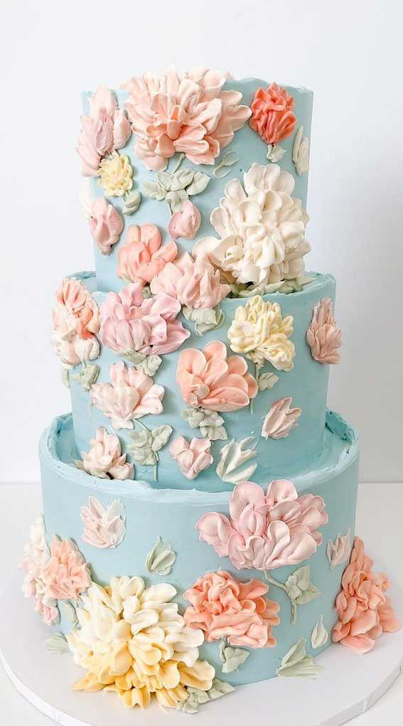 50 Beautiful Wedding Cakes in 2022 : Pastel Flower Buttercream Blue Cake