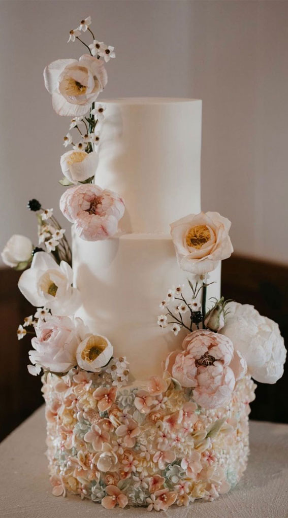 50 Beautiful Wedding Cakes in 2022 : Floral Bottom Tier