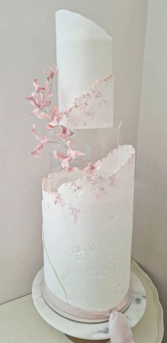 50 Beautiful Wedding Cakes in 2022 : Textured White Cake with Rustic Trims